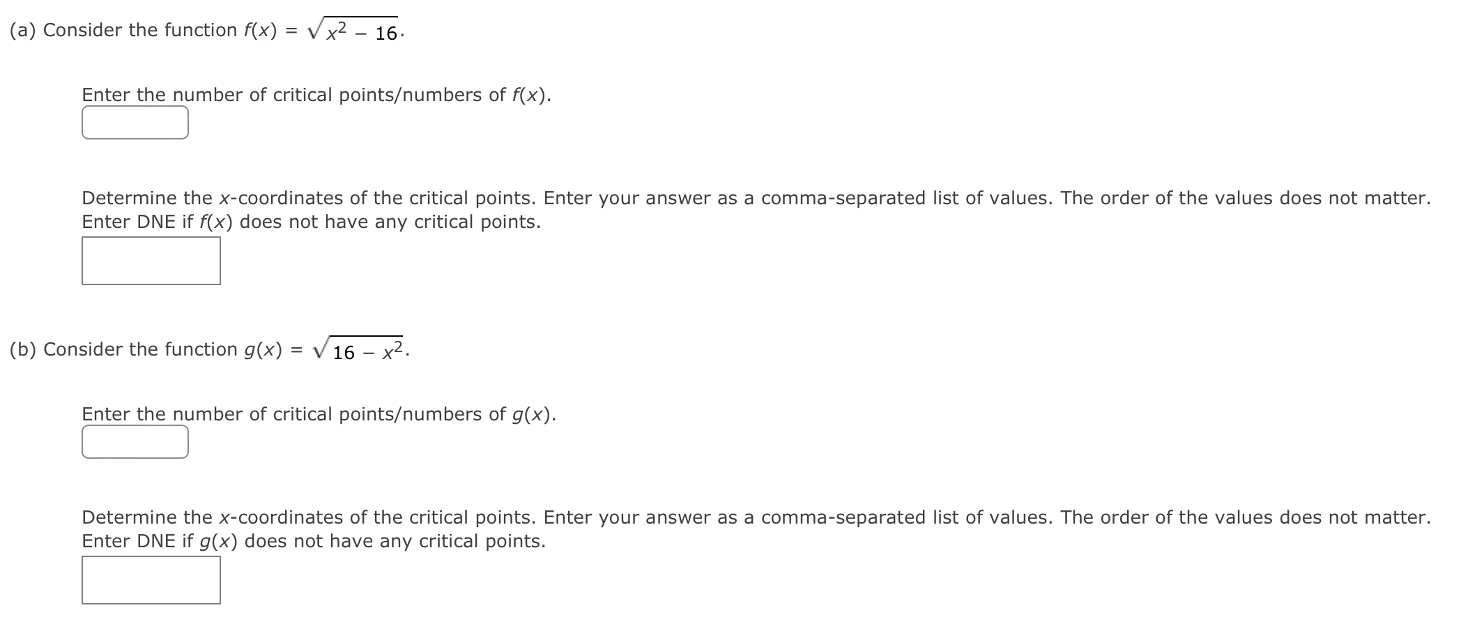 Solved a) Consider the function f(x)=x2−16. Enter the number | Chegg.com