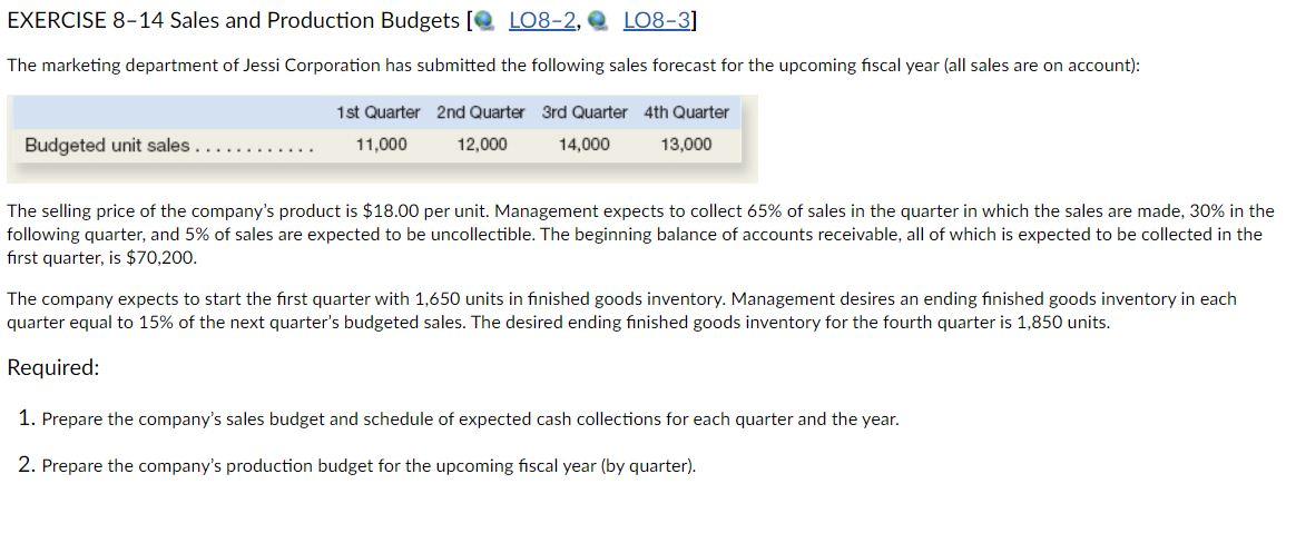 Solved EXERCISE 8-14 Sales And Production Budgets [ LO8-2, | Chegg.com