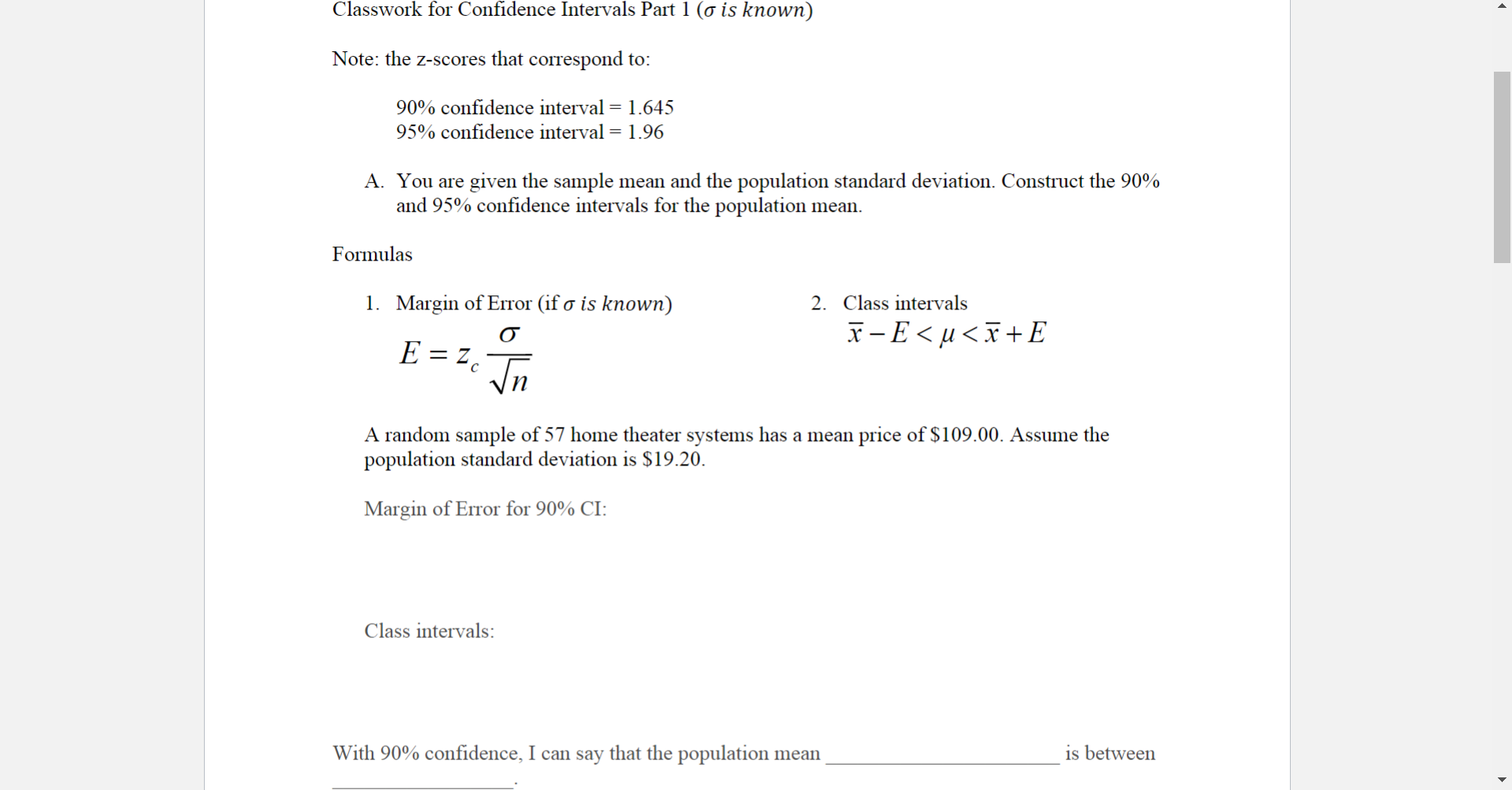 Solved Classwork for Confidence Intervals Part 1 ( σ is | Chegg.com