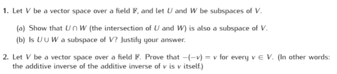 Solved 1. Let V be a vector space over a field F, and let U | Chegg.com