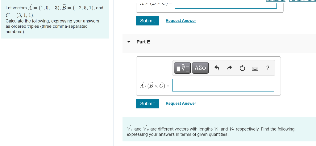 Solved Part A Let vectors Ā= (1, 0, -3), B=(-2,5,1), and C = | Chegg.com