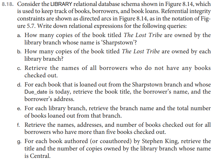 8.18. Consider the LIBRARY relational database schema | Chegg.com
