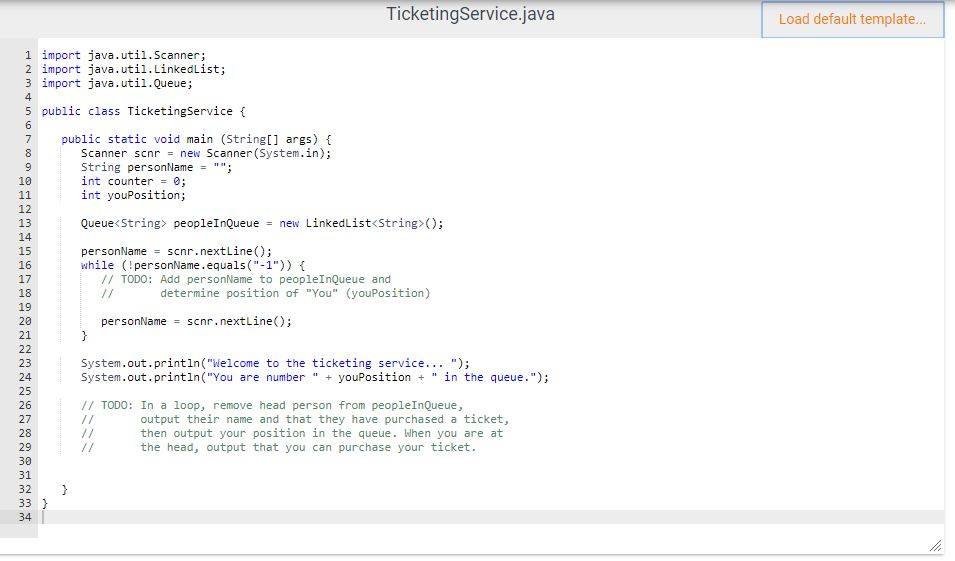 Solved 4.15 LAB: Ticketing service (Queue) Given main(), | Chegg.com