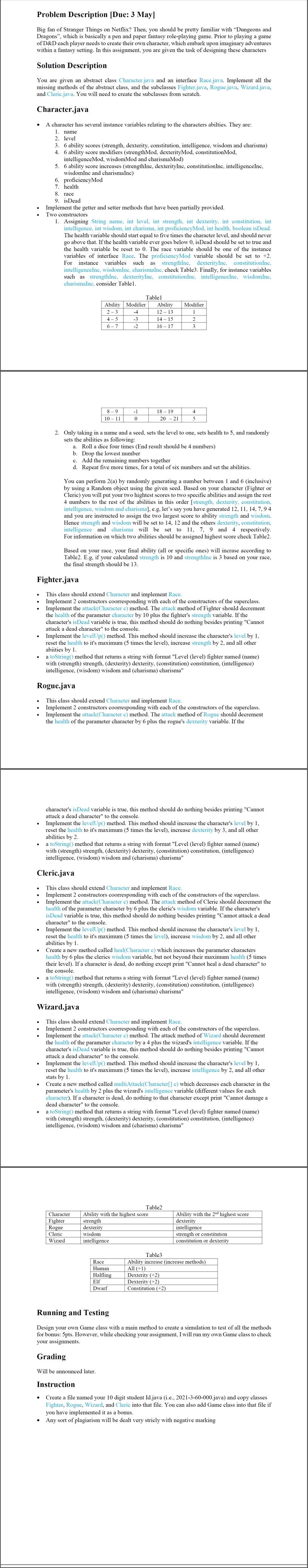 Solved Complete all the classes (Character.java, Race.java, | Chegg.com