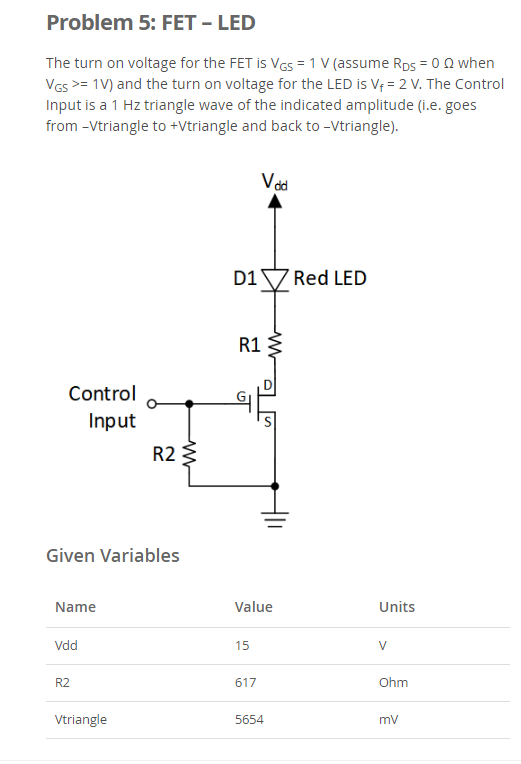 Solved Problem 5 FETLED The turn on voltage for the FET is
