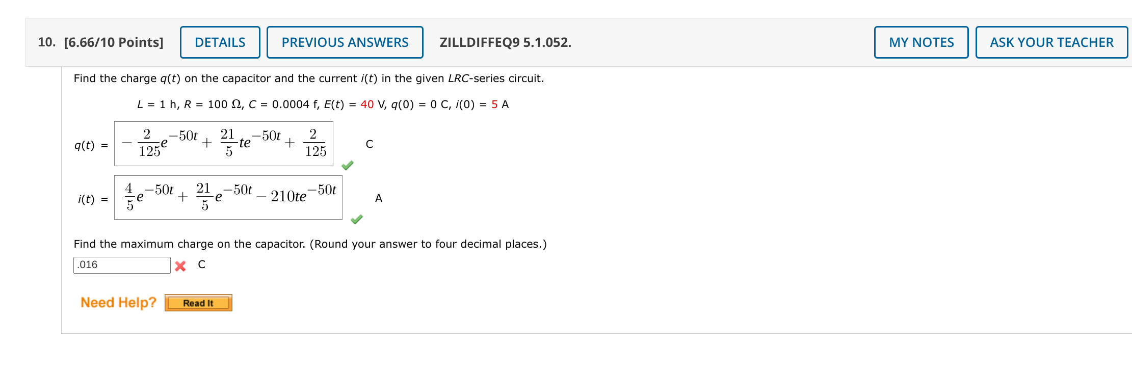 Solved 10. [6.66/10 Points] DETAILS PREVIOUS ANSWERS | Chegg.com