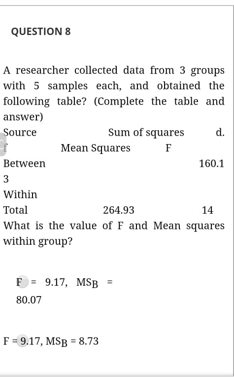 Solved QUESTION 8 A researcher collected data from 3 groups | Chegg.com
