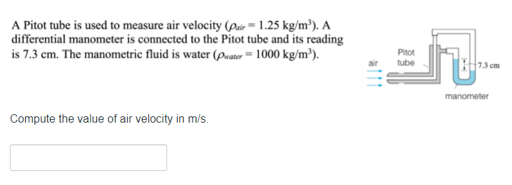 Solved A Pitot tube is used to measure air velocity (Pair = | Chegg.com