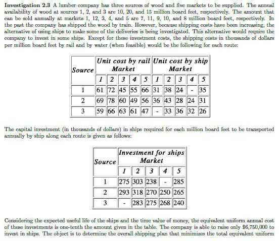 Investigation 2.3 A lumber company has three sources | Chegg.com