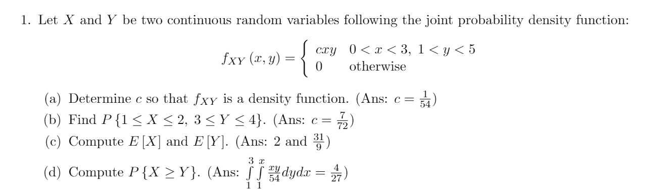 Solved 1. Let X and Y be two continuous random variables | Chegg.com