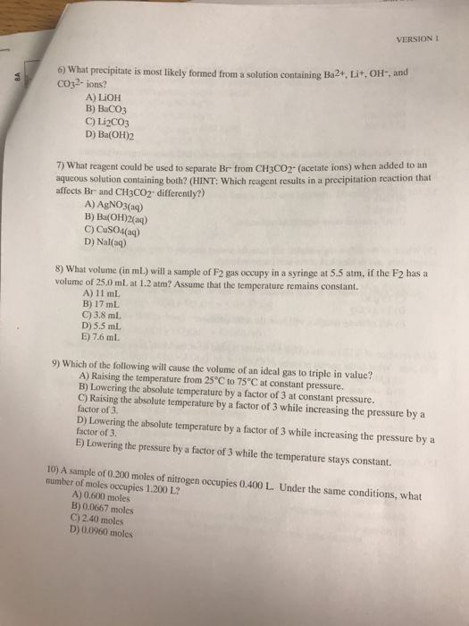 Solved VERSION 1 6) what precipitate is most likely formed | Chegg.com