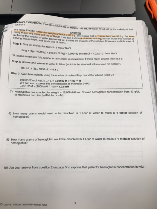 Solved 6) Calculate the molarity of a 1L solution that