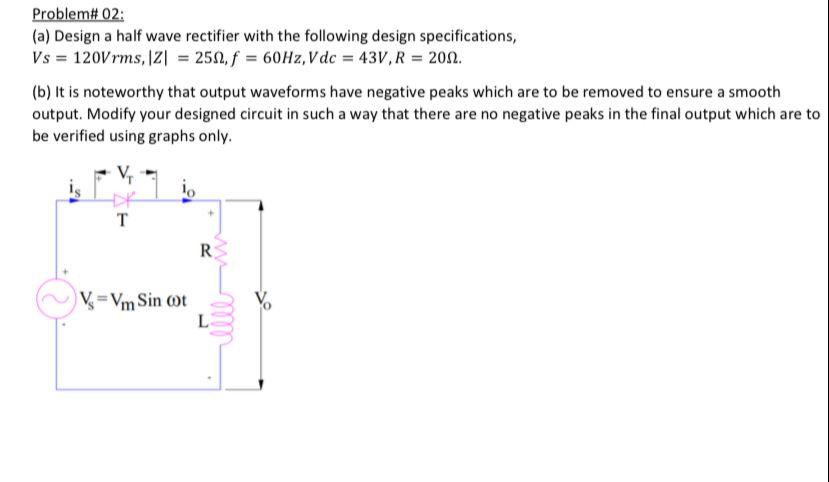 Solved Design a half wave rectifier with the following | Chegg.com