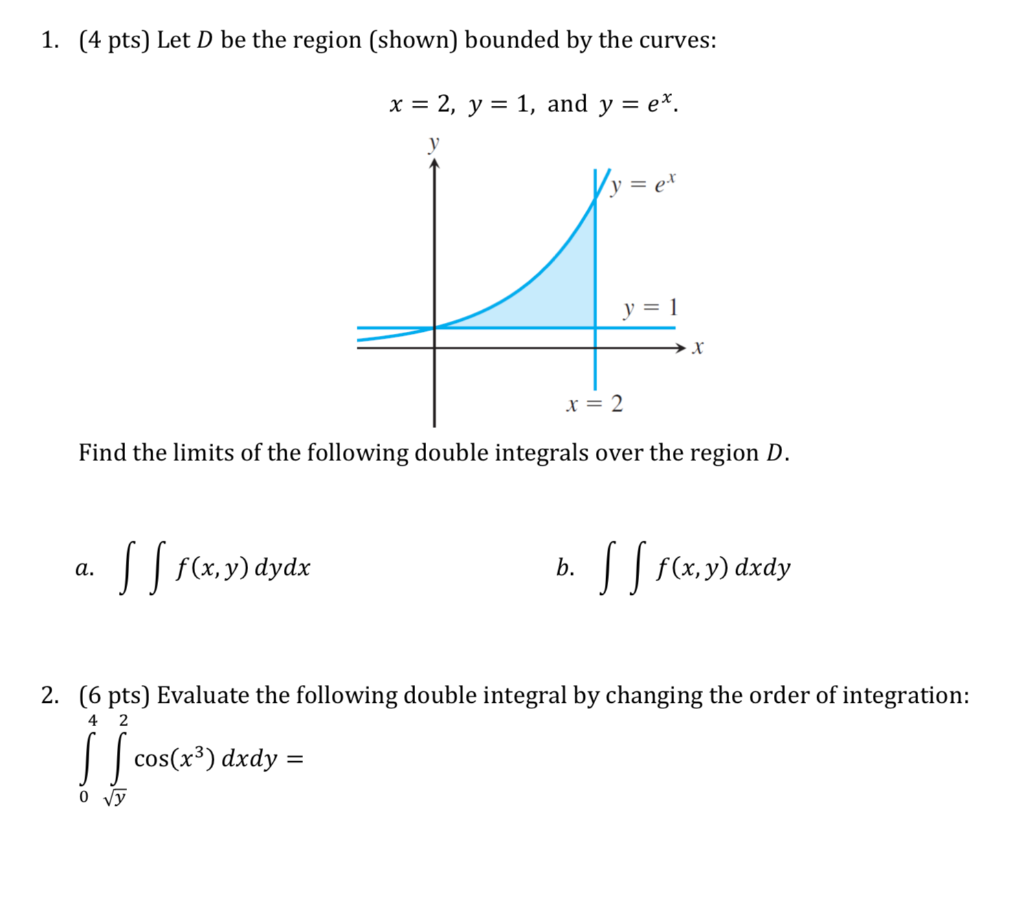 Solved 1. (4 pts) Let D be the region (shown) bounded by the | Chegg.com