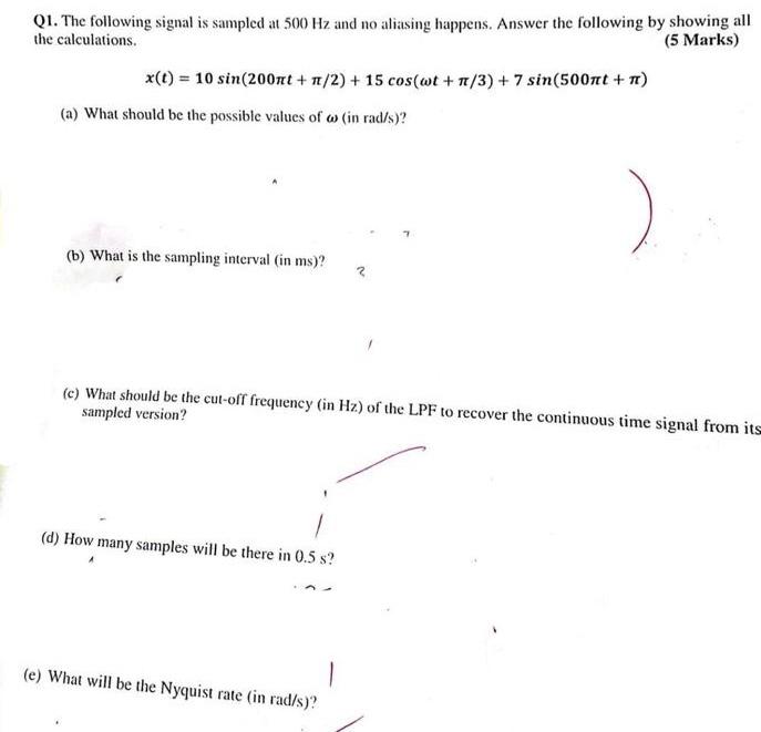 Solved Q1. The following signal is sampled at 500 Hz and no | Chegg.com