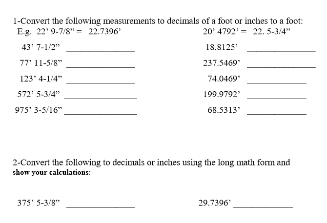 Solved 1 Convert The Following Measurements To Decimals O Chegg Com