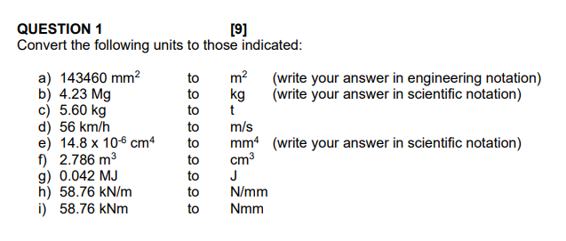 Solved QUESTION 1 [9] Convert the following units to those | Chegg.com
