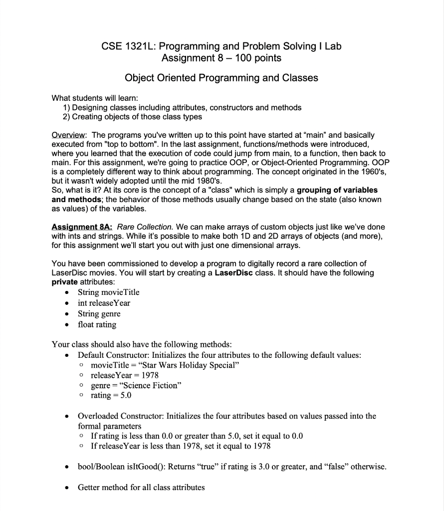 Solved CSE 1321L: Programming And Problem Solving I Lab | Chegg.com