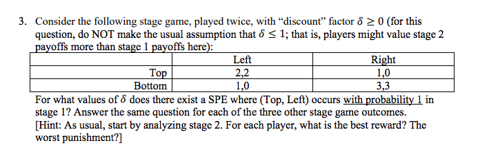 Solved Consider the following stage game, played twice, with | Chegg.com