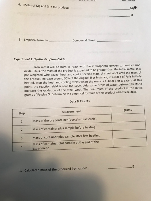 Solved 1. Burned steel wool (pure Fe) a dark comp