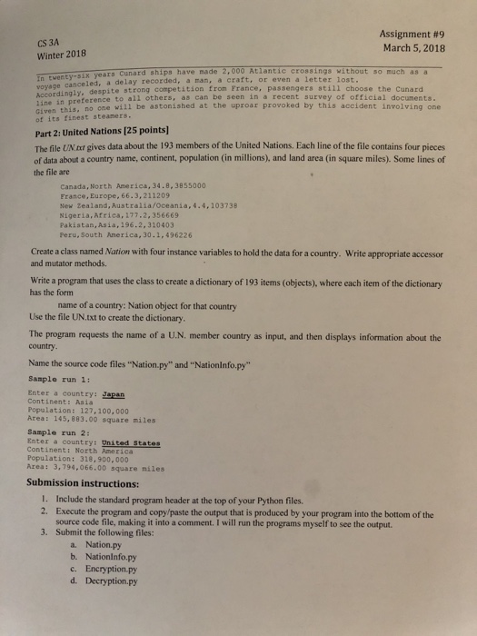 Solved CS 3A Winter 2018 PYTHON Assignment #9 March 5, 2018 | Chegg.com