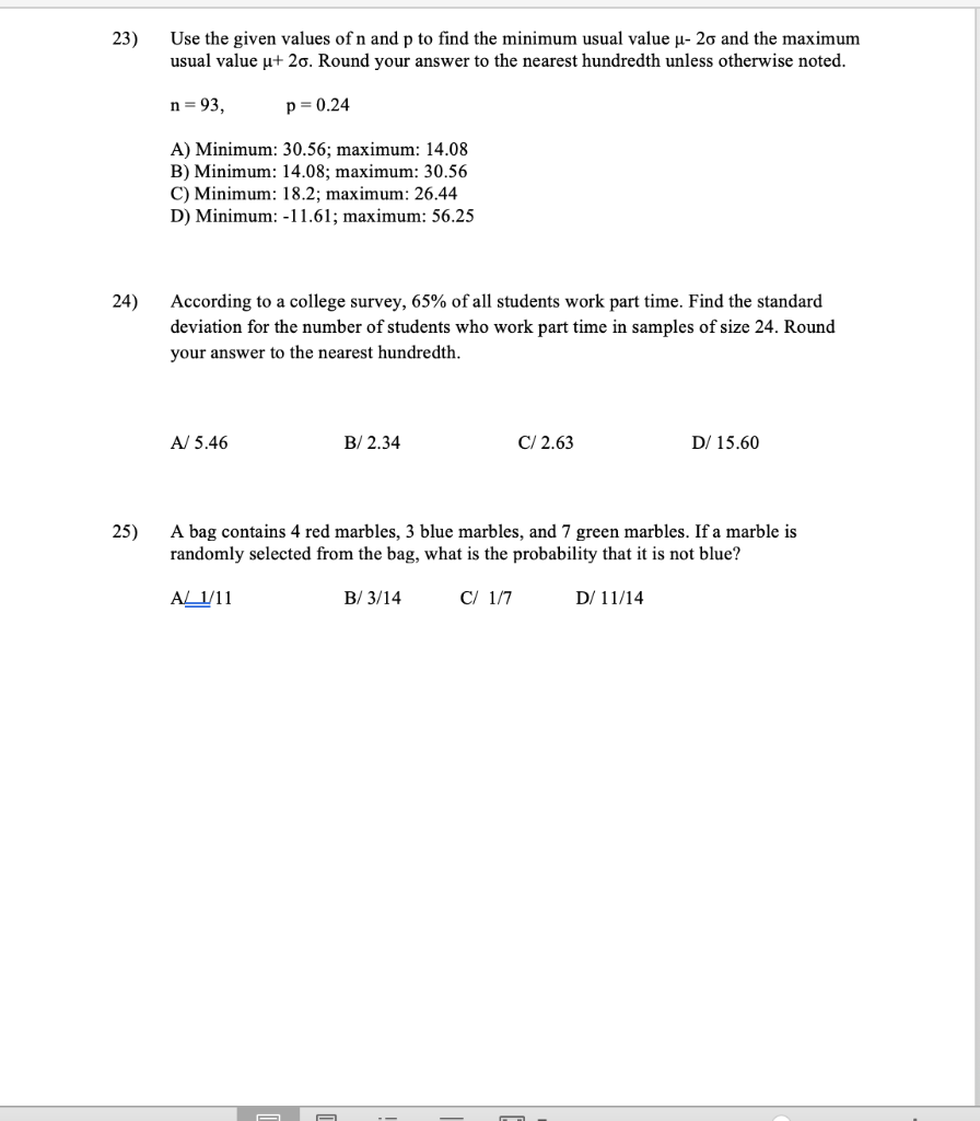 Solved 23) Use the given values of n and p to find the | Chegg.com