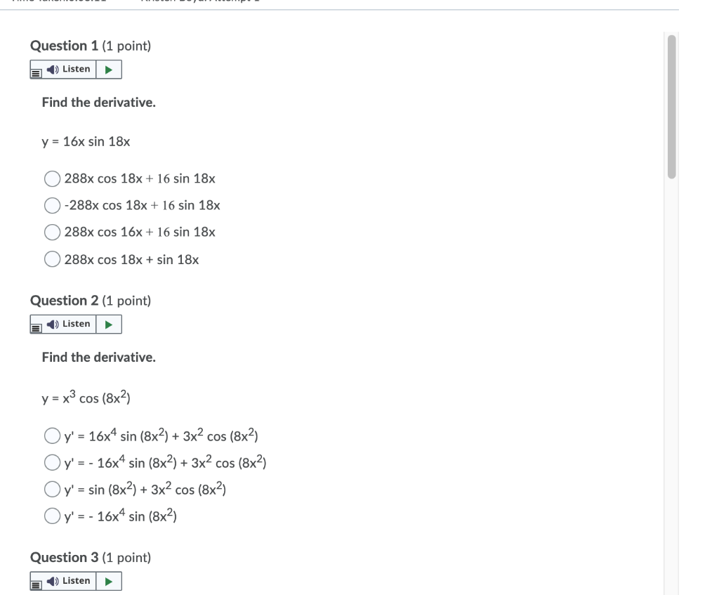 Solved Question 1 (1 Point) B) Listen Find The Derivative. Y | Chegg.com