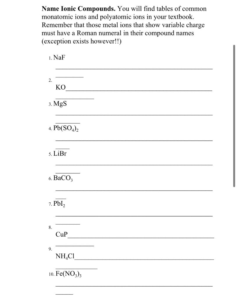 Solved Name Ionic Compounds. You will find tables of common | Chegg.com