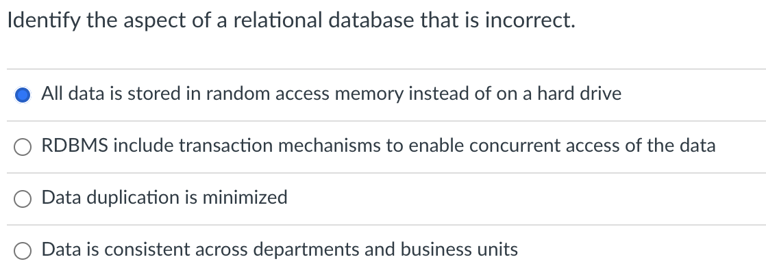 Solved Identify the aspect of a relational database that is | Chegg.com