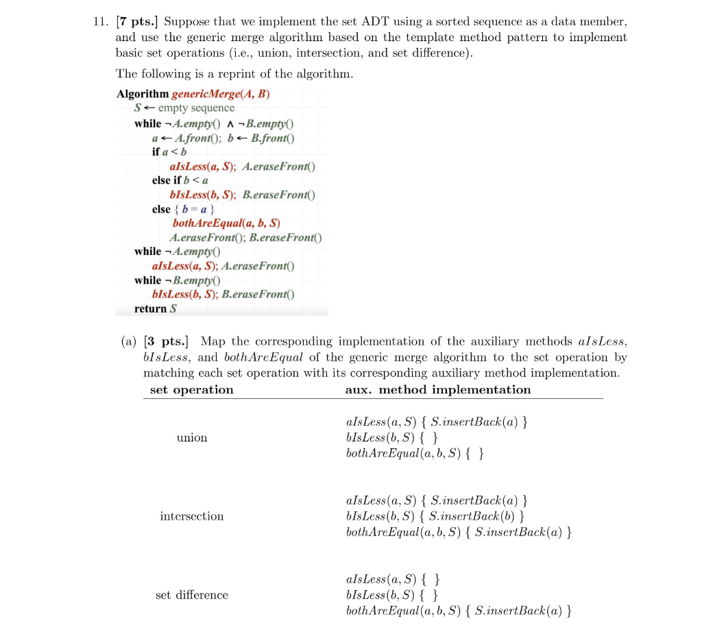 11. [7 pts.] Suppose that we implement the set ADT | Chegg.com