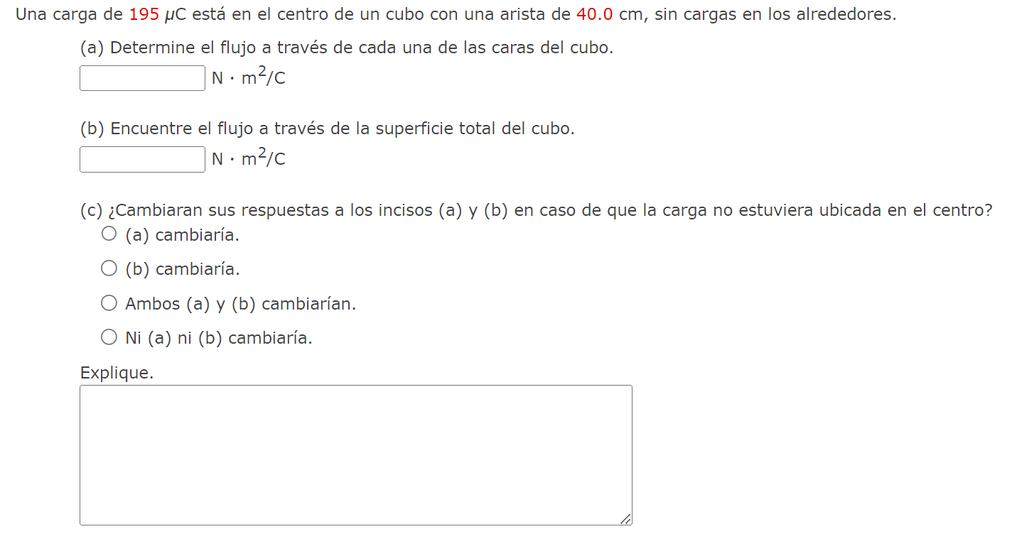 a carga de \( 195 \mu \) C está en el centro de un cubo con una arista de \( 40.0 \mathrm{~cm} \), sin cargas en los alrededo