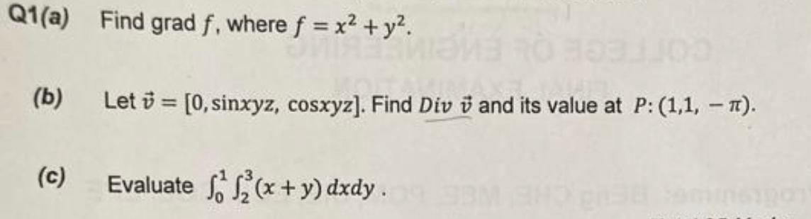 Solved Q1(a) Find grad f, where f=x2+y2. (b) Let | Chegg.com