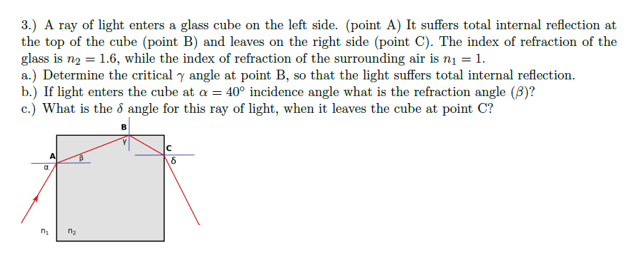 Solved 3.) A ray of light enters a glass cube on the left | Chegg.com