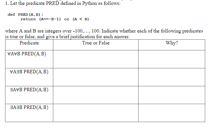 Solved 1. Let the predicate PRED defined in Python as | Chegg.com