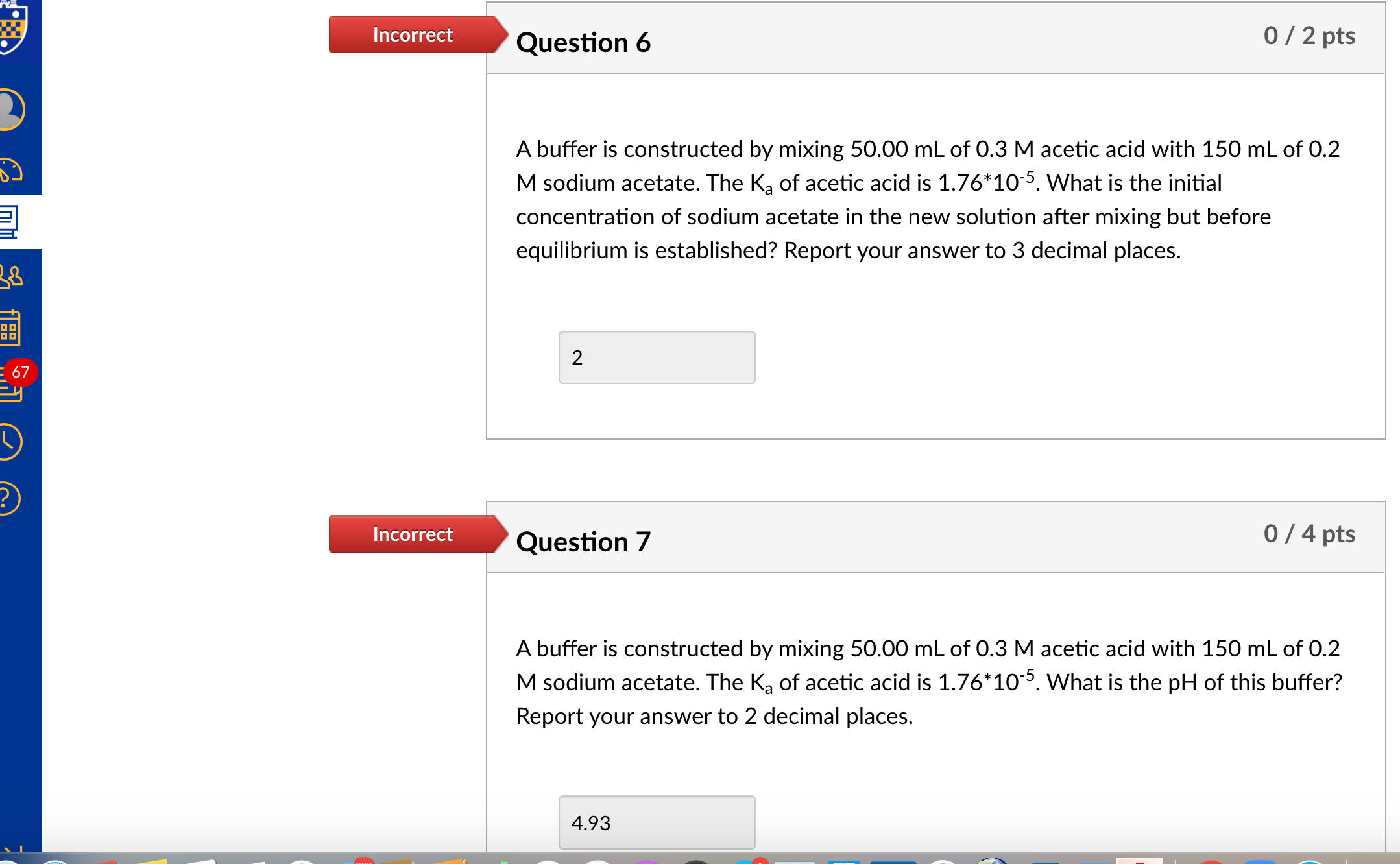 Solved Incorrect Question 6 0/2 pts A buffer is constructed | Chegg.com