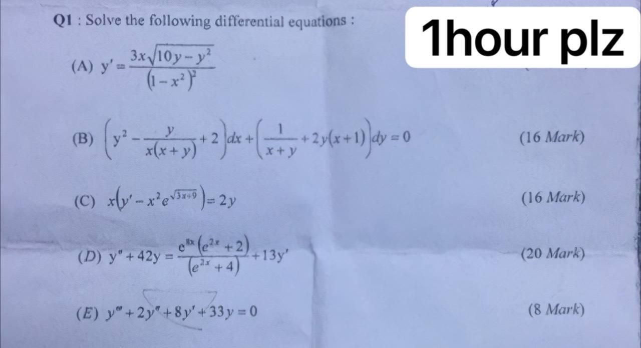 Solved Q1: Solve the following differential equations : | Chegg.com