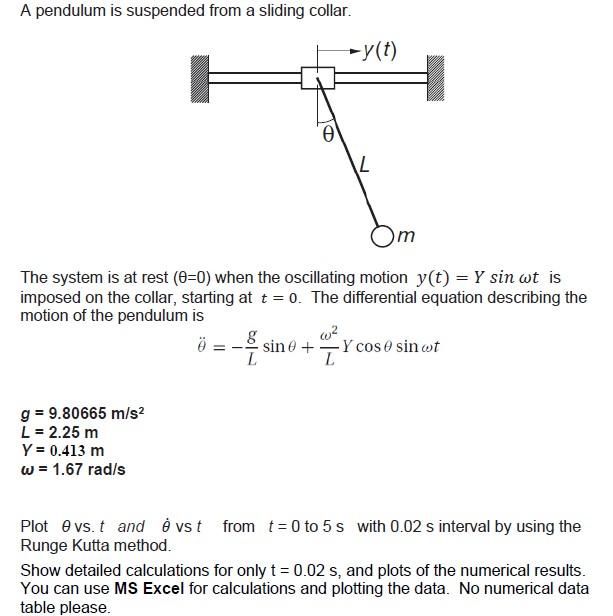 A pendulum is suspended from a sliding collar.
The system is at rest \( (\theta=0) \) when the oscillating motion \( y(t)=Y \