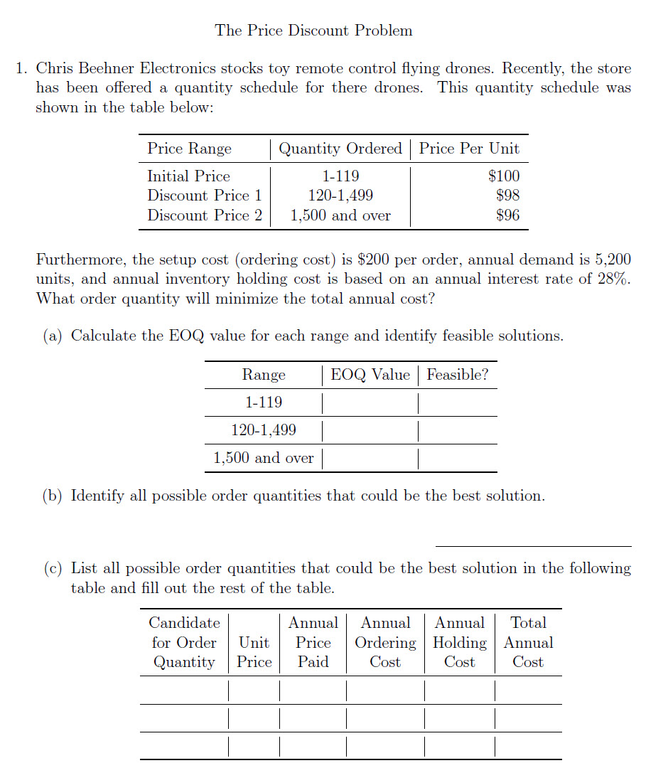 Solved The Price Discount Problem 1. Chris Beehner | Chegg.com