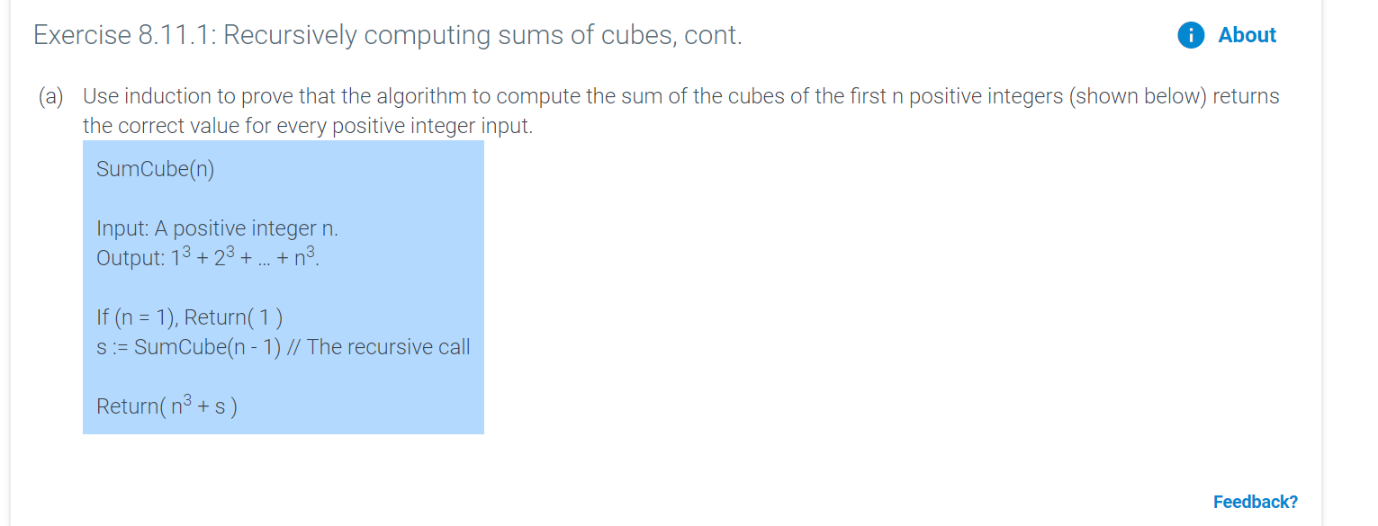 Solved Exercise 8.11.1: Recursively computing sums of cubes, | Chegg.com