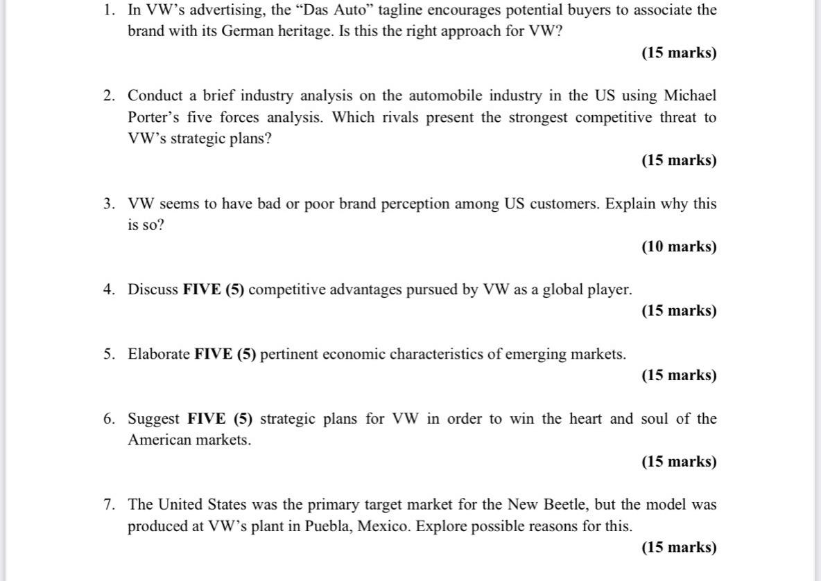 Solved 1. In VW's advertising, the "Das Auto" tagline