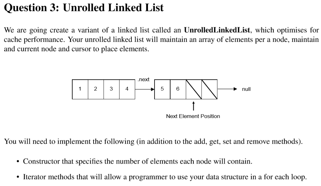 Question 3: Unrolled Linked List We are going create a variant of a linked list called an UnrolledLinked List, which optimise