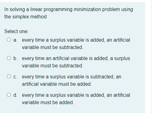 Solved In solving a linear programming minimization problem | Chegg.com
