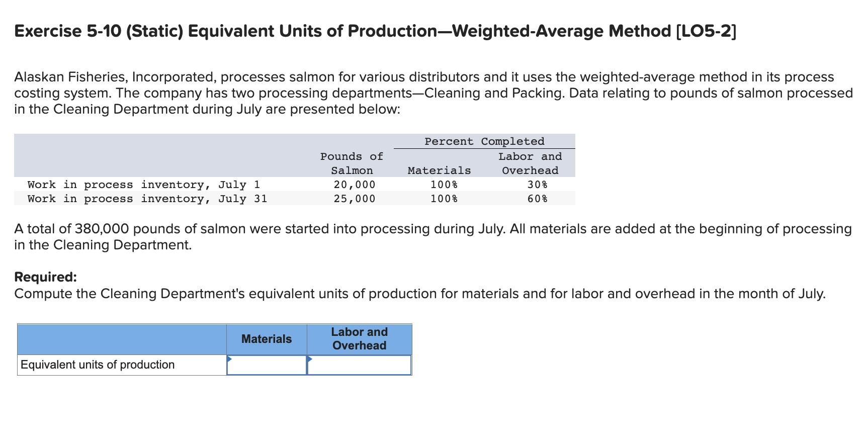 Exercise 5-10 (Static) Equivalent Units of Production-Weighted-Average Method [LO5-2]
Alaskan Fisheries, Incorporated, proces