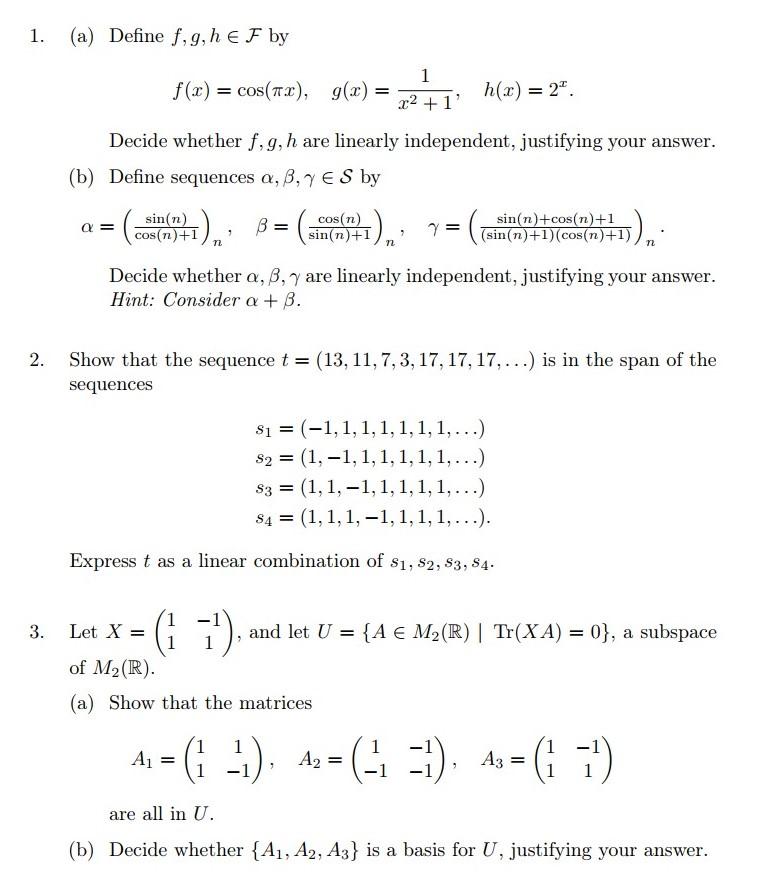 Solved 1 A Define F G H E F By 1 F X Cos Tu G X Chegg Com