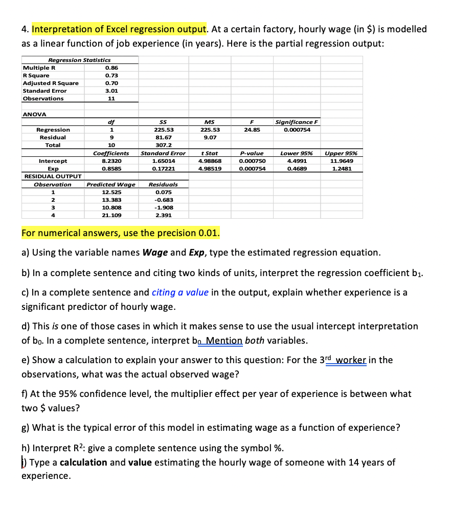 Solved Interpretation of Excel regression output. At a