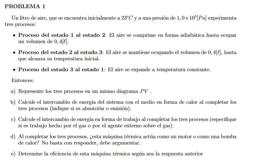 Un litro de aire, que se encuentra inicialmente a \( 23^{\circ} \mathrm{C} \) y a una presión de \( 1,0 \times 10^{5}[\mathrm