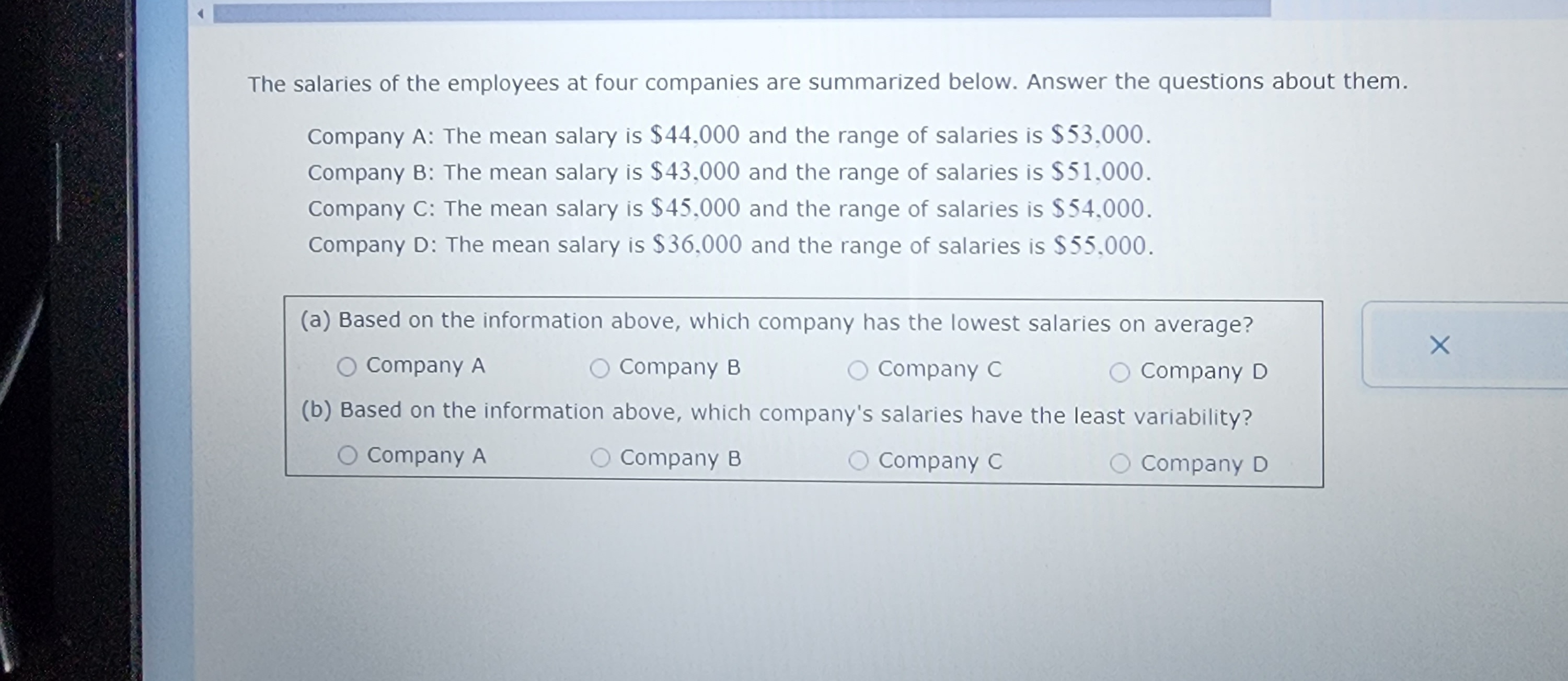Solved The salaries of the employees at four companies are | Chegg.com