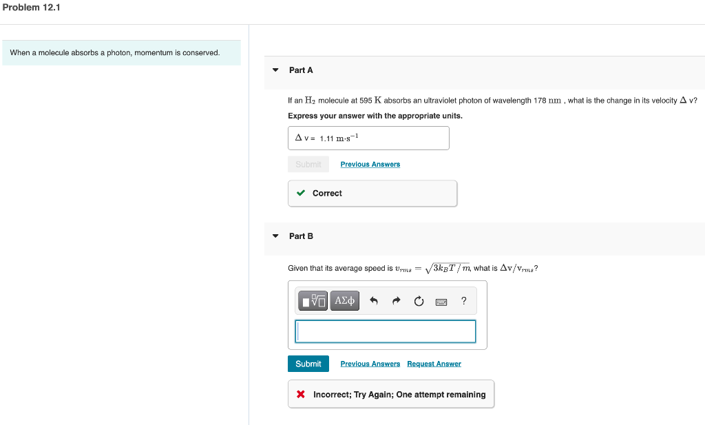 Solved Problem 12.1 When a molecule absorbs a photon, | Chegg.com