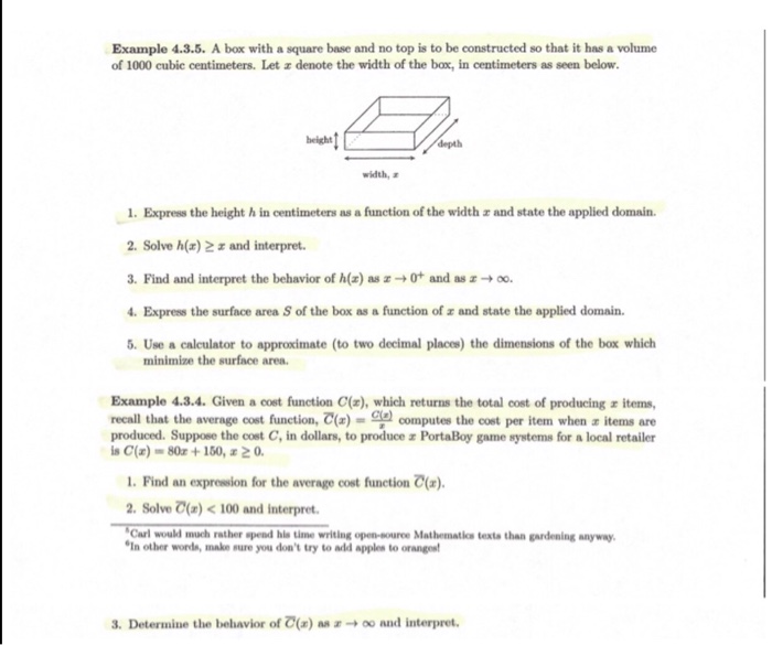 Solved Example 4.3.5. A box with a square base and no top is | Chegg.com