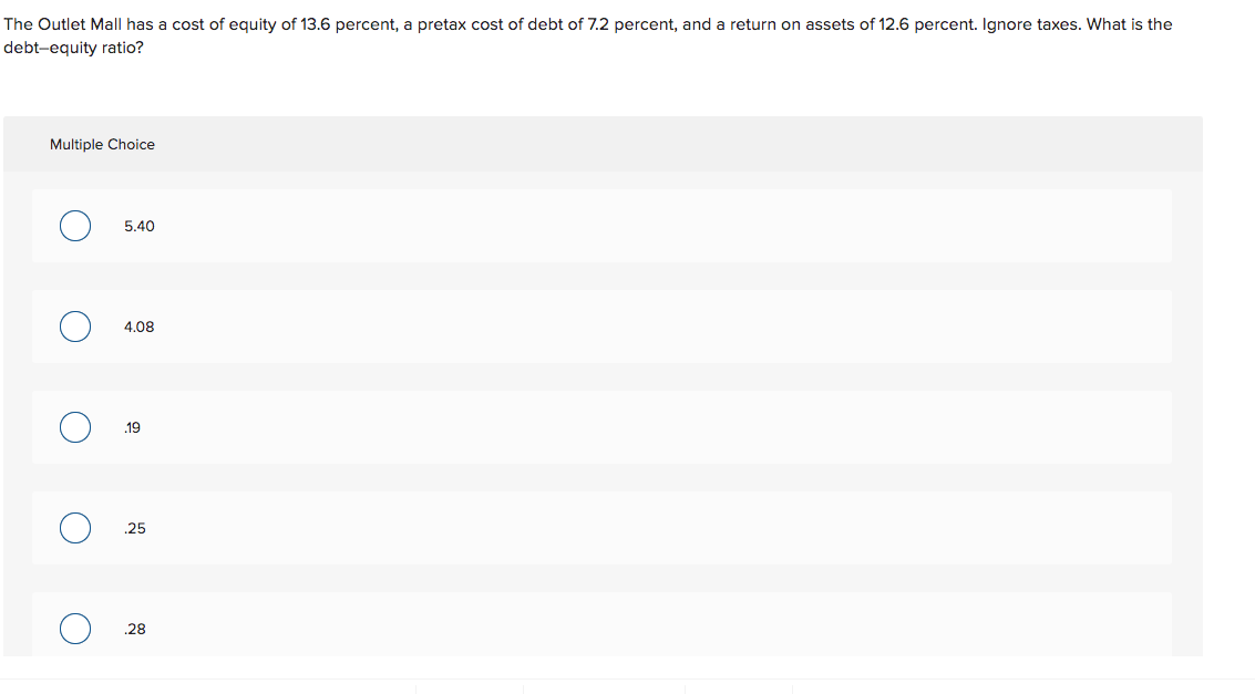The Outlet Mall Has A Cost Of Equity Of 13 6 Perce Chegg the-outlet-mall-has-a-cost-of-equity-of-13-6-perce-chegg